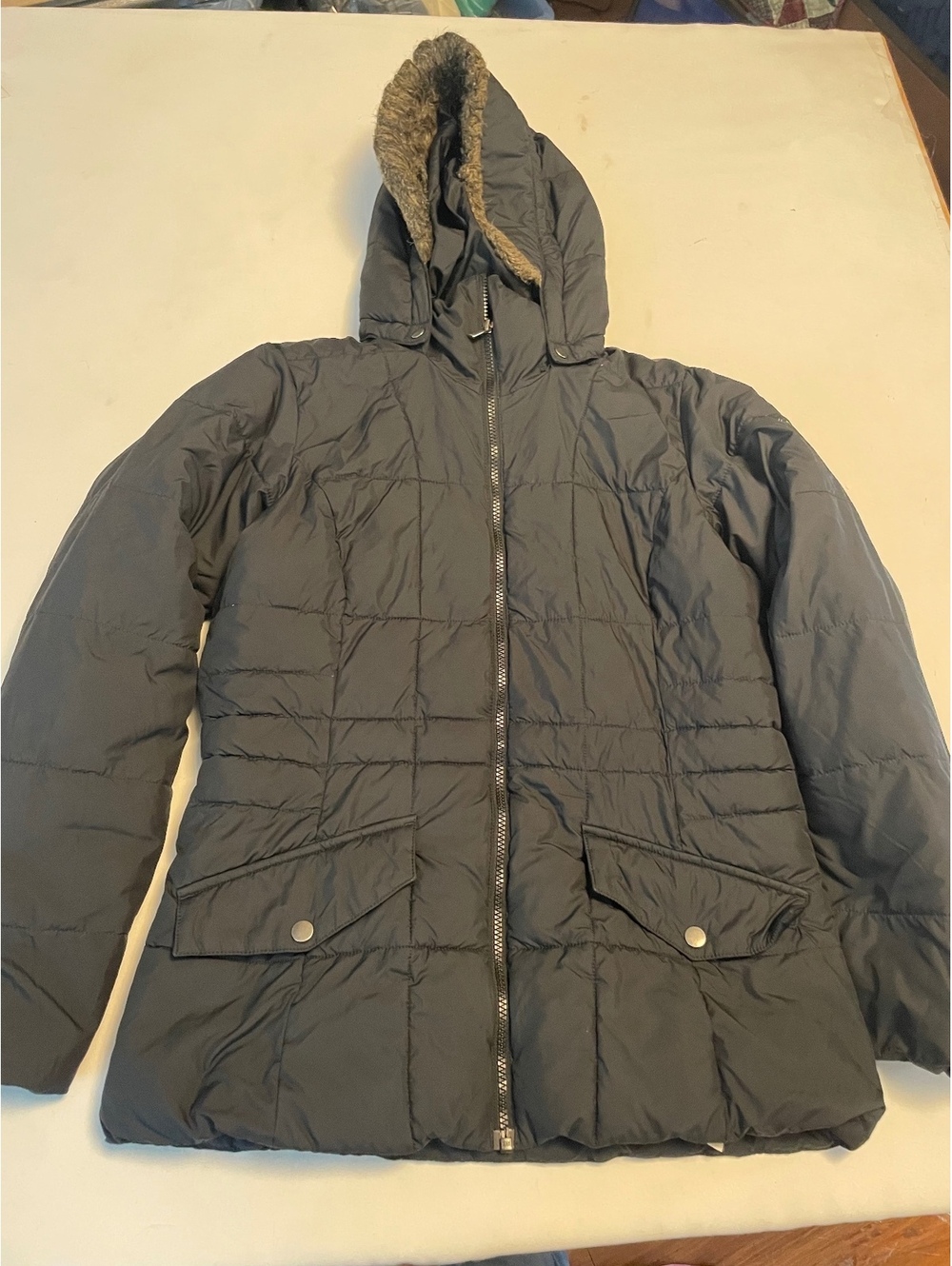 Columbia Women's Black Quilted Puffer Jacket with Faux Fur Hood, Size Small